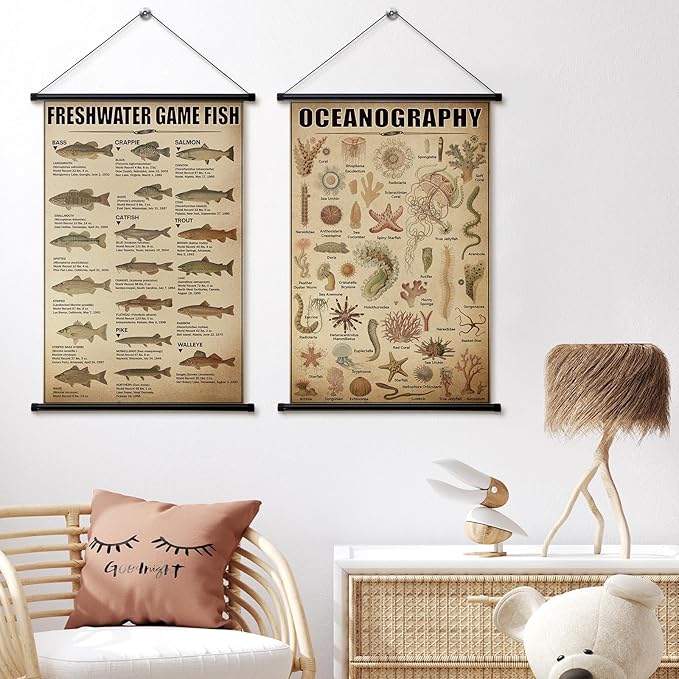 Geosar 2 Pcs Vintage Ocean Fish Poster Marine Life Wall Decor Rustic Ocean Knowledge Picture Prints Wall Art Illustrative Reference Chart Poster for Home Office Classroom Bedroom Decor,15.7 x 23.6''