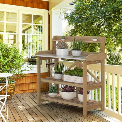 S AFSTAR Garden Potting Bench, Gardening Work Station Table with 2 Storage Shelves, Fir Wood Structure & Metal Tabletop, Garden Table Potting Benches for Outside, Backyard & Balcony