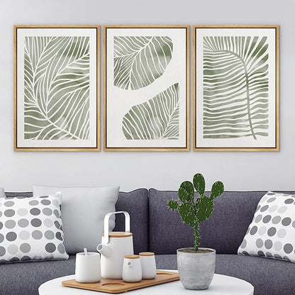 Ashbrook Framed Canvas Print Wall Art Set Abstract Jungle Green Pastel Plants Nature Wilderness Illustrations Modern Art Rustic Chic Colorful for Living Room, Bedroom, Office - 24"x36"x3 Natural