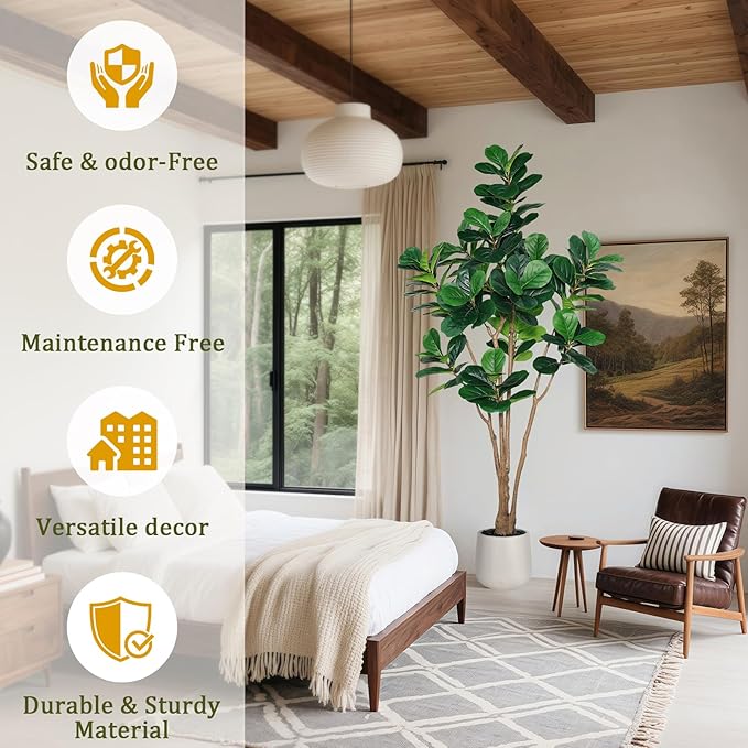 Artificial Fiddle Leaf Fig Tree with Thick Trunk and Emerald Leaves, 7 ft Faux Ficus Lyrata with White Planter & Black Pebble, Fake Ficus Tree for Living Dining Room Bedroom Indoor Decoration