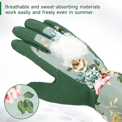Gardening Gloves, Durable and Comfortable Women's Long Garden Gloves for Gardening Work and Yard Work, Leather Gardening Gloves for Women, Green Print (Medium)