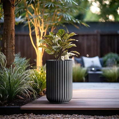 Kante Tall Fulted Planter, 17.7 Inch Tall Round Concrete Plant Pots with Drainage Hole and Rubber Plug, Modern Decor for Indoor Outdoor Plants, Flower, Black