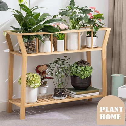 Nnewvante Bamboo Plant Stand Indoor 37.4"x11" 2 Tier Tall Plant Table Shelf Flower Pot Organizer Holder, Sofa Entryway Table for Window-sill Living Room Balcony