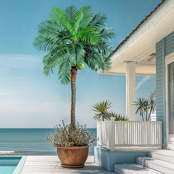 Artificial Phoenix Palm Tree 9.1ft Tall - Fake Large Tropical Tree with Adjustable Leaves, Realistic Faux Sago Palm for Indoor Outdoor Decor, Patio, Poolside, Yard, Living Room, Office