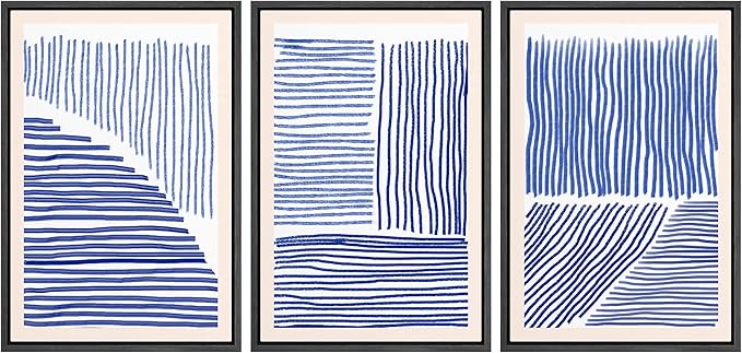 Ashbrook Framed Wall Art Print Set Navy Blue Geometric Color Block Lines Abstract Shapes Illustrations Modern Art Boho Scenic Colorful Chic for Living Room, Bedroom, Office - 16"x24"x3 Black