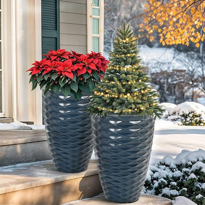 19" Ceramic-Look Tall Planters Set of 2, Outdoor/Indoor Large Flower Pots, Weather-Resistant Heavy-Duty Resin Pot Planters for Front Door, Garden, Patio, Porch, Entryway or Living Room Decor