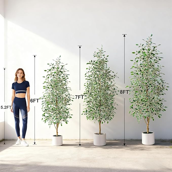 8FT Artificial Ficus Trees Indoor Faux Trees Indoor Fake Floor Plants Tall Artificial Tree with White Pot Faux Tree Fake Indoor Tree Silk Plants Artificial Trees for Home Decor Indoor