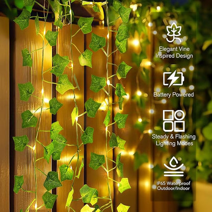 Metaku 33FT 100 LED Vine with Fairy Lights, Battery Operated Ivy String Lights with Remote, Warm White Leaf Lights for Bedroom, Room, Wall, Wedding, Garden, PartyDecor