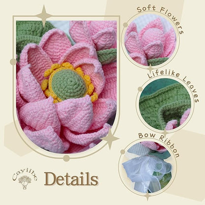 Pink Lotus Summer Crochet Flowers Bouquet Handmade Knitted Artificial Flowers Home Decor