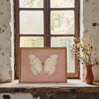 Wojuin Framed Pink Vintage Butterfly Canvas Wall Art, Neutral Moody Insect Farmhouse Wall Decor, Antique White Moth Aesthetic Poster Print for Living Room Bedroom Bathroom Dorm Office 12x16 in
