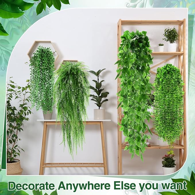 12 Pcs Artificial Hanging Plants Fake Hanging Ferns Plastic Faux Plants for Wall Room Garden Garland Indoor Outdoor Decor No Basket (Boston,Eucalyptus,Ivy Vine,String of Pearls)