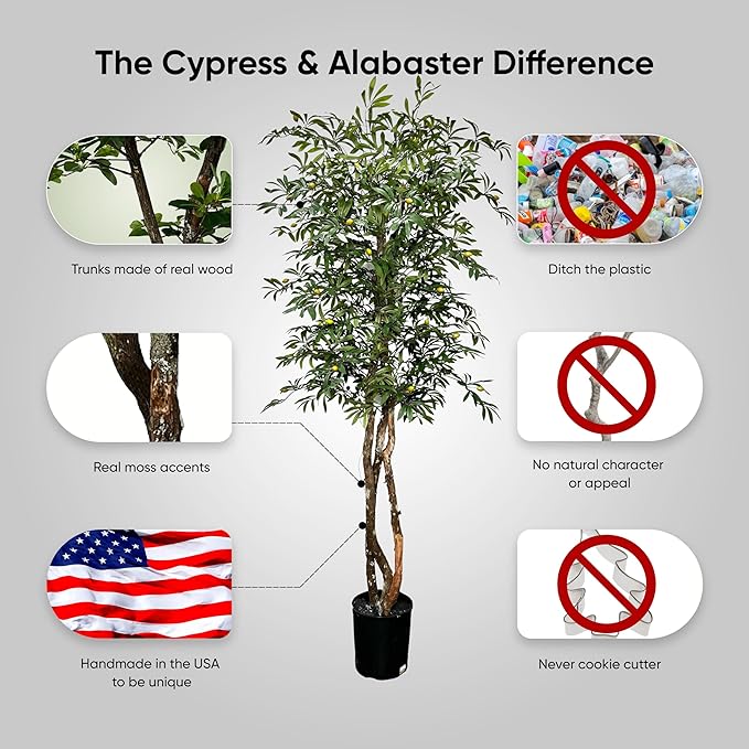 Cypress & Alabaster Handmade 6.5ft Mediterranean Olive Artificial Tree with Ethically Sourced Real Wood Trunks, Hypoallergenic, 6.5-Foot, Green