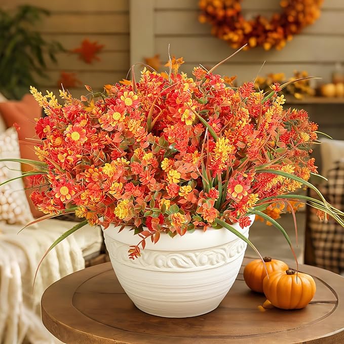 16 Bundles Artificial Flowers for Fall Outdoors Decoration - Fake Mums Faux Daisy Artificial Plants Plastic Lavender Shrubs Flower No Fade for Harvest Halloween Thanks Giving Day Decor