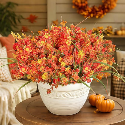 16 Bundles Artificial Flowers for Fall Outdoors Decoration - Fake Mums Faux Daisy Artificial Plants Plastic Lavender Shrubs Flower No Fade for Harvest Halloween Thanks Giving Day Decor