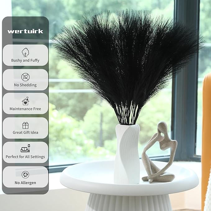30pcs Black Pampas Grass - 24 Inch Faux Pampas Grass Decor, Short Artificial Pampas Grass for Gothic Room Decoration, Wedding, Party, Halloween and Home Decor(Black)