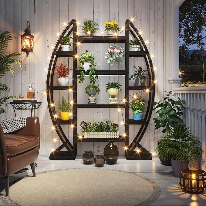 Tribesigns Curved Plant Stand Indoor, 8 Tiered Large Metal Plant Shelf, 69" Tall Industrial Flower Pot Stand Display Rack for Indoor Living Room, Balcony, Patio (Black)