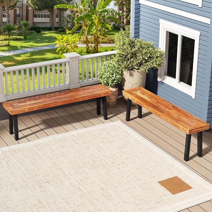 COSTWAY Set of 2 Outdoor Acacia Wood Benches, 2-3 People Backless Garden Benches with Metal Frame for Patio, Deck, Yard and Entryway