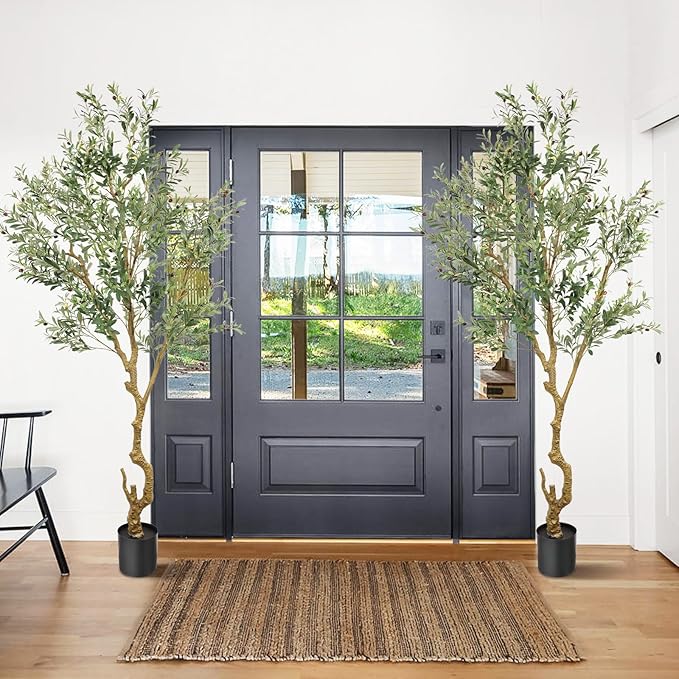 Artificial Fake Olive Tree 8FT Tall 2Pack Faux Silk Olive Tree for Home Living Room Office Decor Faux Artificial Plants Indoor Fake Potted Plants with Fruit & Free Moss