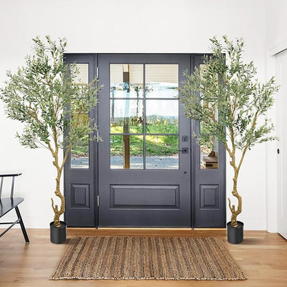 Artificial Fake Olive Tree 8FT Tall 2Pack Faux Silk Olive Tree for Home Living Room Office Decor Faux Artificial Plants Indoor Fake Potted Plants with Fruit & Free Moss