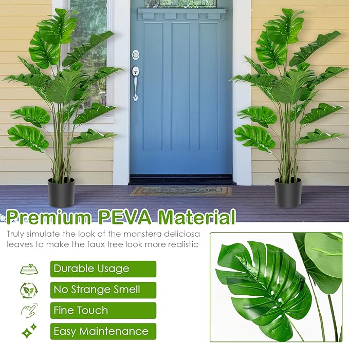 GOFLAME Artificial Monstera Deliciosa Plant, 5ft Potted Faux Tree with 15 Verdant Fake Leaves, Swiss Cheese Plant for Home Decor Indoor, Outdoor, Home, Office, 2 Pack