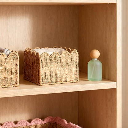 Scalloped Basket, Wicker Storage Baskets, Hand Woven Baskets for Shelves,Natural Baskets for Organizing (S-9.5" L x 9.5" W x 5.5" H)