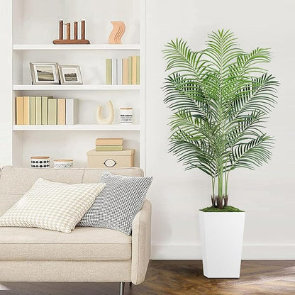 6ft Artificial Palm Tree with White Planter-Tall Artificial Indoor Plants, Fake Tropical Palm Tree, Faux Silk Plants for Home Office Living Room Bedroom Modern Decor