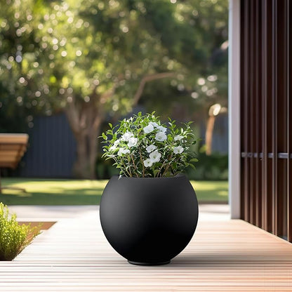 Kante Round Concrete Flower Pot, 19.3 Inch Dia (14" Opening) Sphere Shape Design Planter with Drainage Hole and Rubber Plug for Indoor & Outdoor Plants, Black Finish with Painted Interior