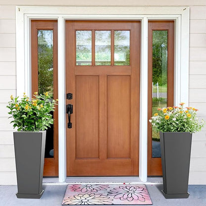 24 Inch Tall Tapered Square Planters (Set of 2) - Indoor Outdoor Large Flower Pots with Built-in Drainage & Matching Water Tray for Patio, Garden, Home - Gray