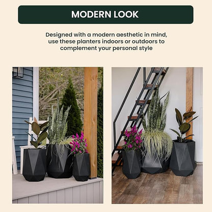 Beuta Large Planters for Outdoor Plants - Set of 3, 15.5/18/20 Inches Outdoor Planters for Porch - Tall Planter for Outdoor & Indoor Plants | Large Indoor Plant Pot- USA Made - Black