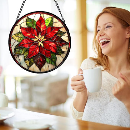Stained Glass Window Hanging - Red Poinsettia Birth Flowers Suncatcher for Door Garden Yard Sun Catchers Decor Christmas Mother's Day Birthday Gifts for Women Mom Nana Teacher Friend 6.3 in