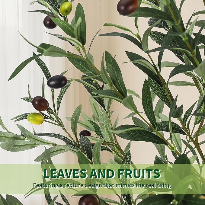 6 Ft Artificial Olive Trees, Indoor Outdoor Artificial Tree Fake Potted Silk Plant Faux Olive Tree with Trunk and Fruits, Large Olive Plants for Living Room Home House Office Decor