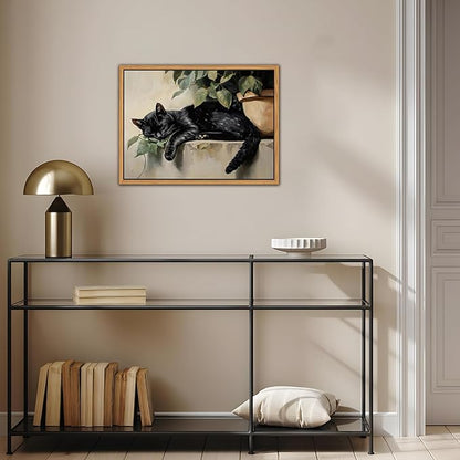Floating Framed Black Cat Canvas Wall Art, Lazy Cute Cat Wall Decor Paintings, Vintage Animal Plant Prints Poster, Rustic Aesthetic Home Decor for Living room Bedroom Bathroom 16x24 inch