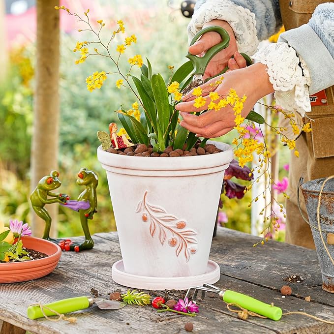 Sungmor Set of 3 Terra Cotta Pots with Saucer & Drainage Hole, 8 Inch Large & Deep Clay Pots, Unique Embossed & Pretty Color Pottery Planters for Plants Orchid Cactus Succulent