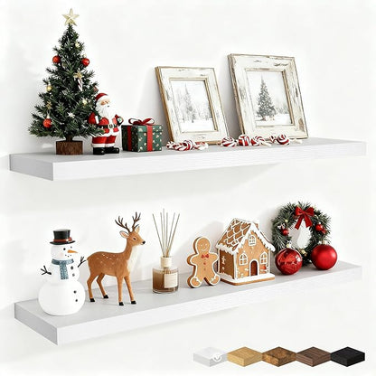 Fun Memories 40" Rustic Wood Floating Shelves with Invisible Brackets for Storage & Decor, Deep Wall Mounted Shelves for Bathroom, Kitchen, Living Room (White, Set of 2)