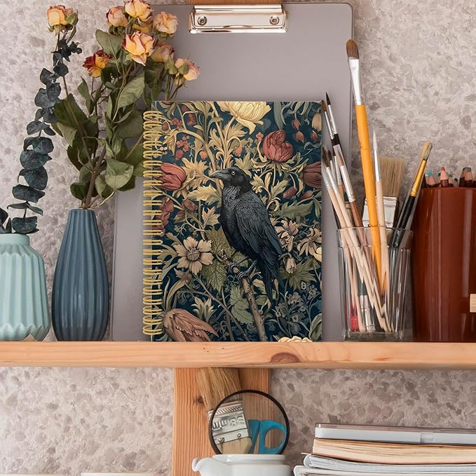XPH William Morris Crow Spiral Notebook, Dark Cottagecore Journaling Notebooks for Note Taking, Vintage Floral Raven Hardcover Journal for Writing 160 Pages 5.5 x 8.3 Inch, Crow Gifts for Women