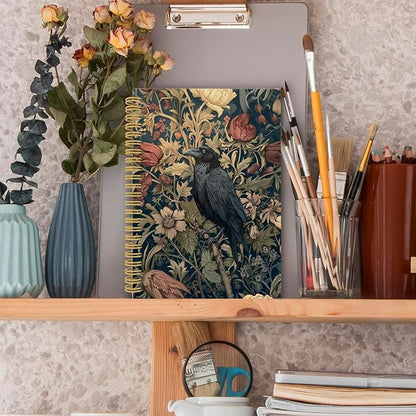 XPH William Morris Crow Spiral Notebook, Dark Cottagecore Journaling Notebooks for Note Taking, Vintage Floral Raven Hardcover Journal for Writing 160 Pages 5.5 x 8.3 Inch, Crow Gifts for Women