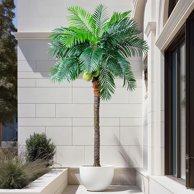 Artificial Phoenix Palm Tree 9.1ft Tall - Fake Large Tropical Tree with Adjustable Leaves, Realistic Faux Sago Palm for Indoor Outdoor Decor, Patio, Poolside, Yard, Living Room, Office