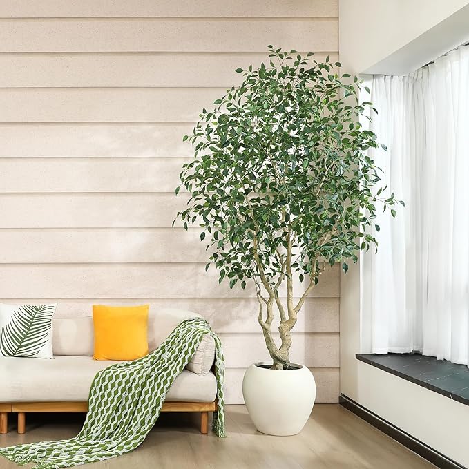 Ficus Tree Artificial Indoor, 8 Feet Tall Faux Ficus Tree with Round Artisan Planter, Premium Handmade, Realistic Trunk & Lifelike Leaves, Perfect for Large Spaces & Elegant Home/Office Decor