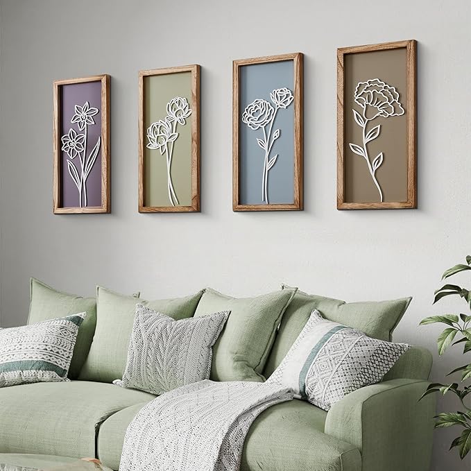 HKBS 3D Wooden Floral Wall Art, Set of 4 Framed Flowers Wall Art Sculptures, Boho Farmhouse Minimalist Decor for Bathroom Bedroom Living Room Kitchen or Office Wall Decorations Housewarming Gifts (Multicolored)