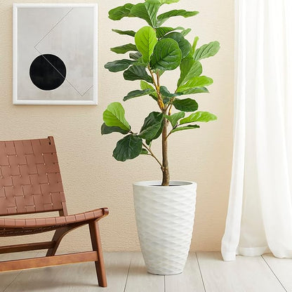 Glitzhome 19" H Large Planters for Outdoor Plants, Set of 2 Large Flower Pots with Drainage Holes, Round Faux Ceramic Wave Textured, White Tall Planters for Porch Garden Indoor Outdoor Use