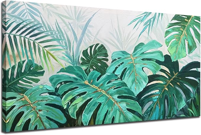 Enartly Palm Green Leaf Canvas Wall Art for Living Room, Monstera Tropical Leaf Painting Jungle Plant Picture Nature Artwork Print Framed Bedroom Hallway Office Home Decor, Large 48"x24"