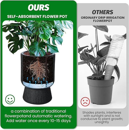14.2" Tall Planters Set of 2, Plant Pots, Self Watering Pots for Indoor Plants, Flower Pots with Built-in Drainage and a Water Level Monitor, for Patio, Porch, Living Room, or Office, Black