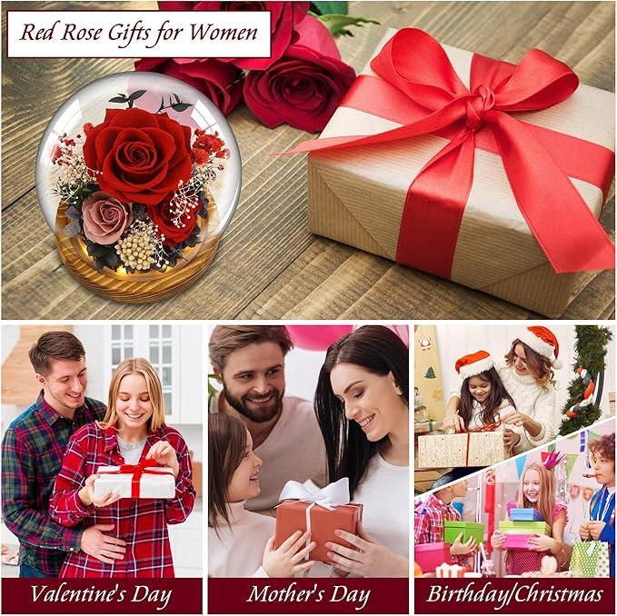 MOKOQI Red Rose Birthday Gifts for Women Forever Rose Flowers for Delivery Prime Preserved Flowers in Glass Dome | Valentines Day Gifts for Her Mom Wife Grandma on Christmas Birthday
