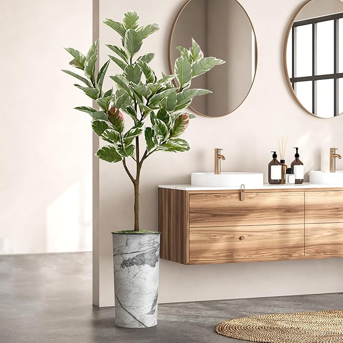 Artificial Tree in Gray Marble Effect Planter, Fake Rubber Silk Tree for Indoor and Outdoor Home Decoration - 70" Overall Tall (Plant Pot Plus Tree)