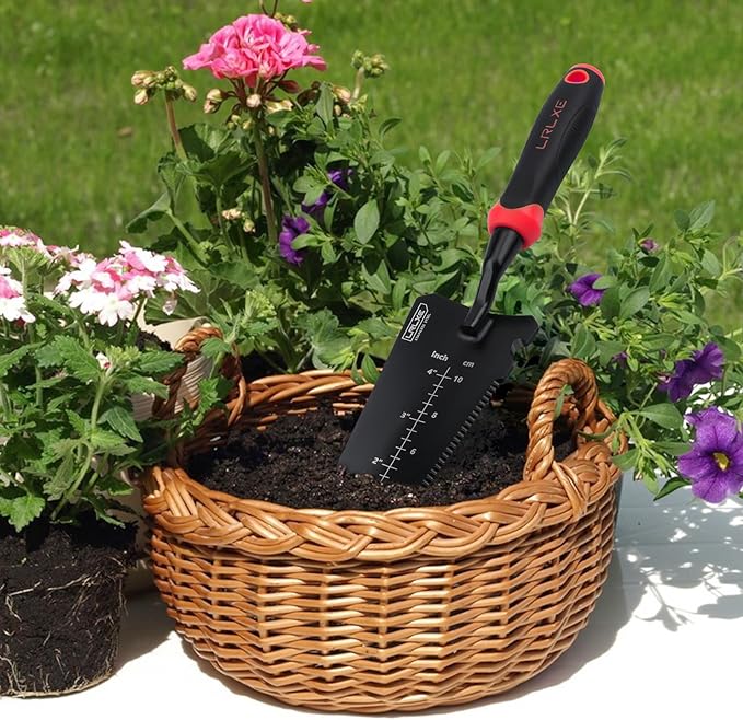 Gardening Shovel Tool, LRLXE Heavy Duty Stainless Steel Garden Transplant Shovel, Root Cutter, All-Purpose Small Hand Shovel with Serrated Edge for Digging and Transplanting(Red)