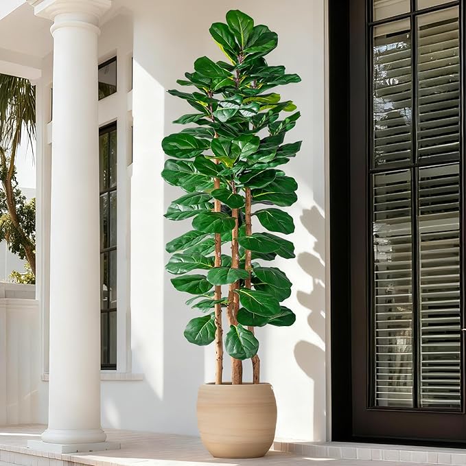 Artificial Fiddle Leaf Fig Tree 6FT, Faux Fig Tree Indoor with Natural Wood Trunk & Realistic Leaves with Moss Pot Fake Ficus Tree Large Faux Floor Plant for Living Room Home Decor, House Plant