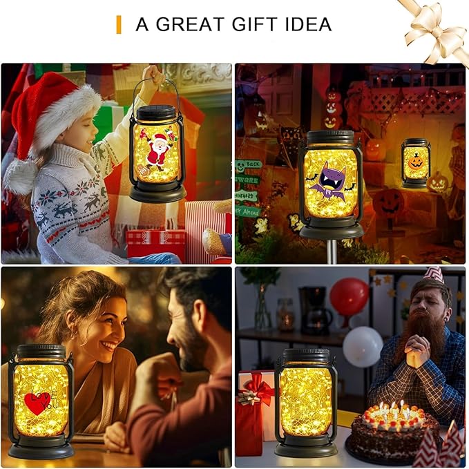 4 Pack Hanging Solar Lantern Lights,Gifts for Woman Mom Grandmom, Vintage Glass Mason Jar Solar Fairy Lights,Outdoor Decorative Waterproof Table Lamp with Stakes for Patio Yard Lawn Tree