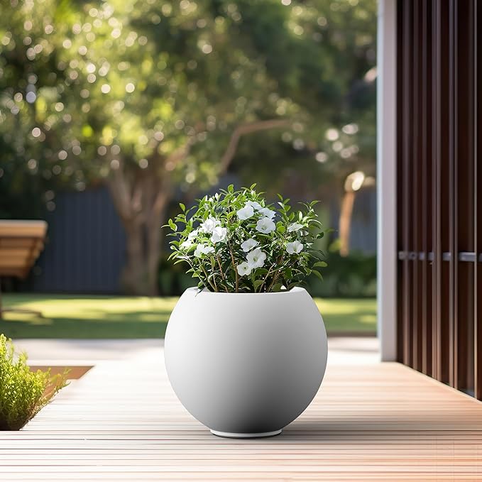 Kante Round Concrete Flower Pot, 19.3 Inch Dia (14" Opening) Sphere Shape Design Planter with Drainage Hole and Rubber Plug for Indoor & Outdoor Plants, White Finish with Painted Interior