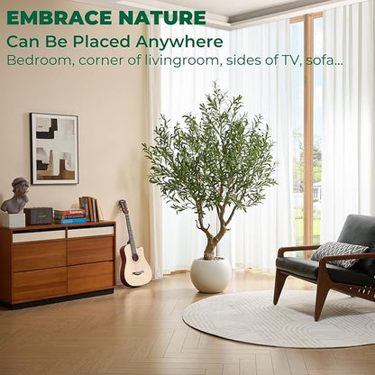 7.5 FT Large Luxury Artificial Olive Tree, Tall Faux Olive Tree with White Pot, Extra Lush Stereoscopic Shape, 5 Minutes Easy Set-up, Realistic Trunks and Lifelike Leaves & Fruits, Home Office Décor
