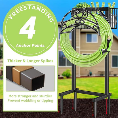 TomCare Garden Hose Holder with Large Storage Basket Heavy Duty Water Hose Holder Holds 160 Feet Hoses 4 Spikes Freestanding Hose Hanger Stable Hose Storage Organizer for Outside Yard